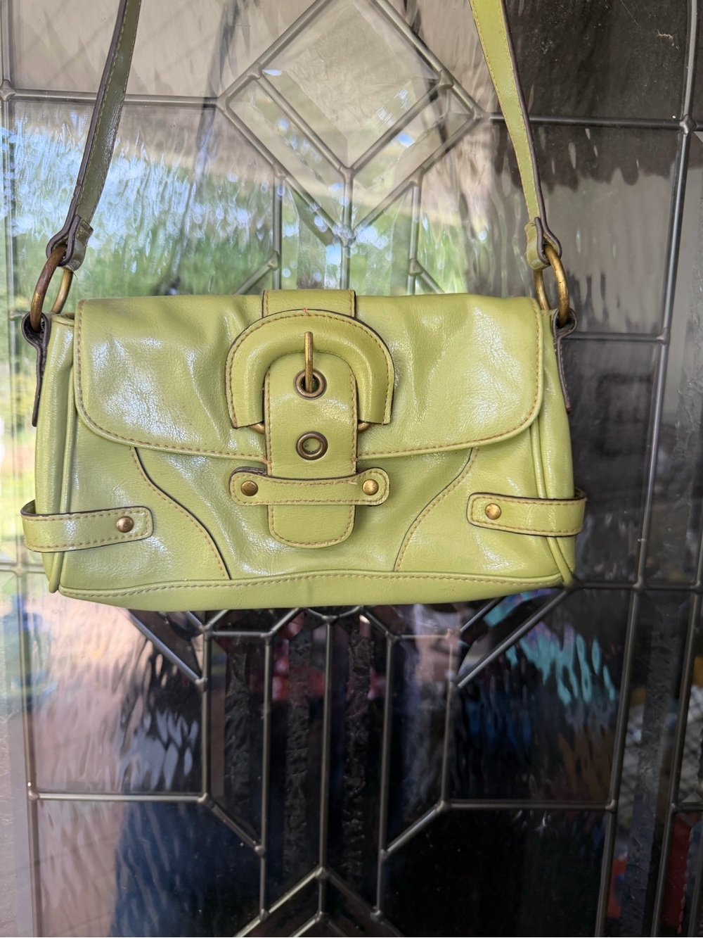 Lime Green Leather Crossbody Bag with Buckle Accent